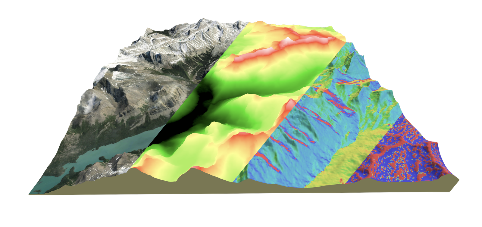 3D terrain model sliced into satellite, elevation, aspect and landform analysis layers