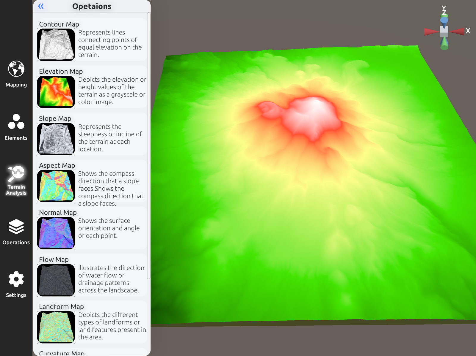 Terrain analysis panel showing elevation map rendered on a 3D model