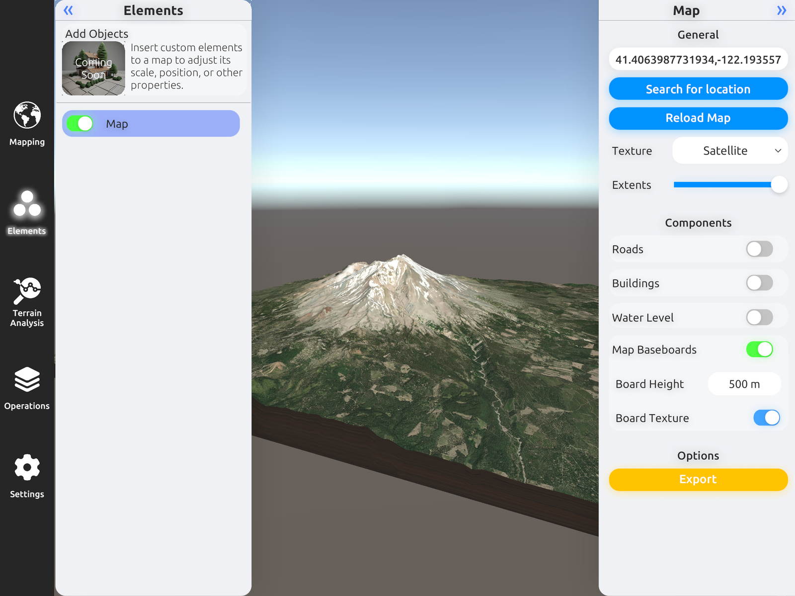 Interactive 3D terrain map with satellite texture and layer controls